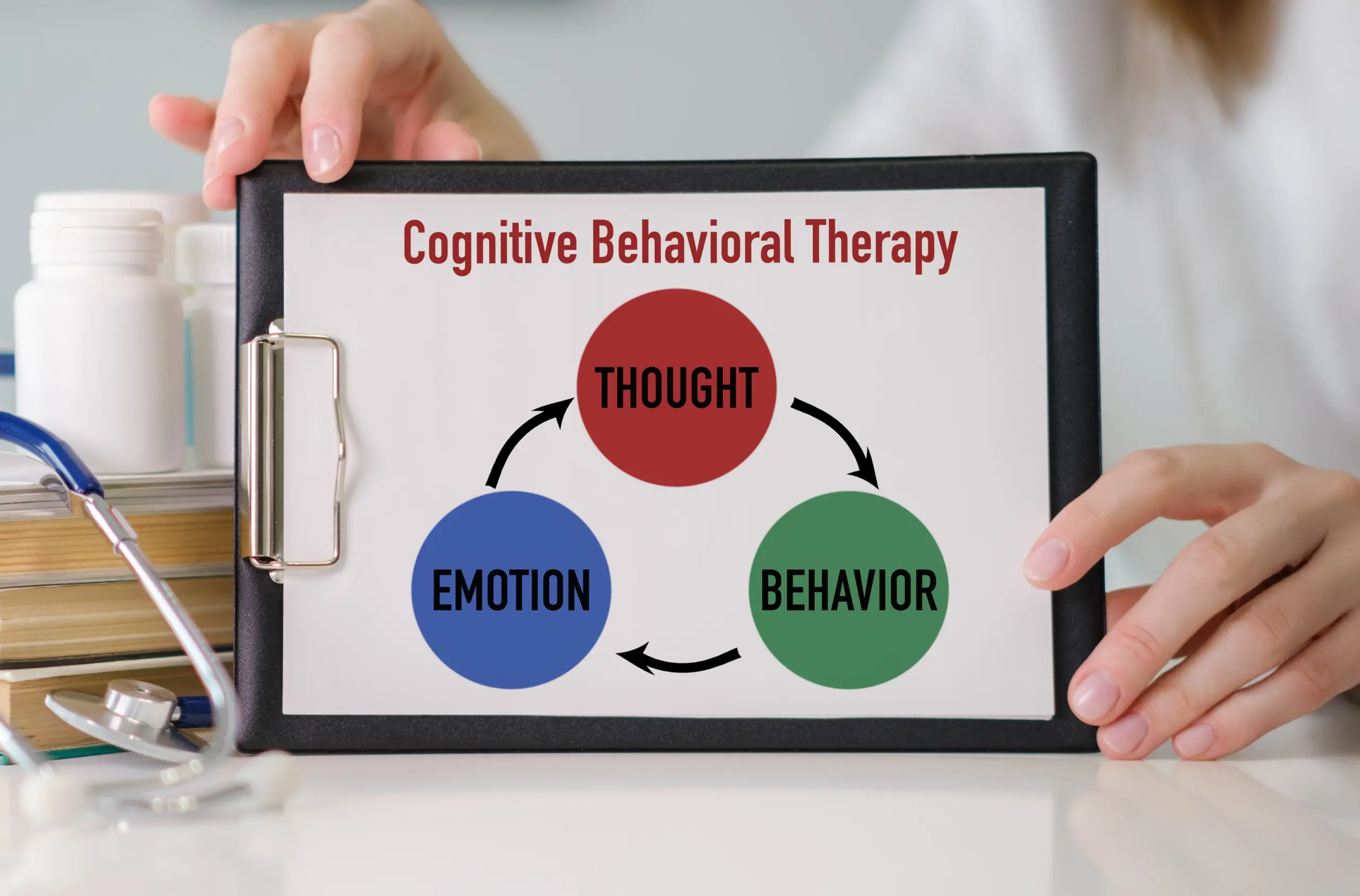Concept of Cognitive Behavioral write on paper in hands doctor, Medical CBT Concept